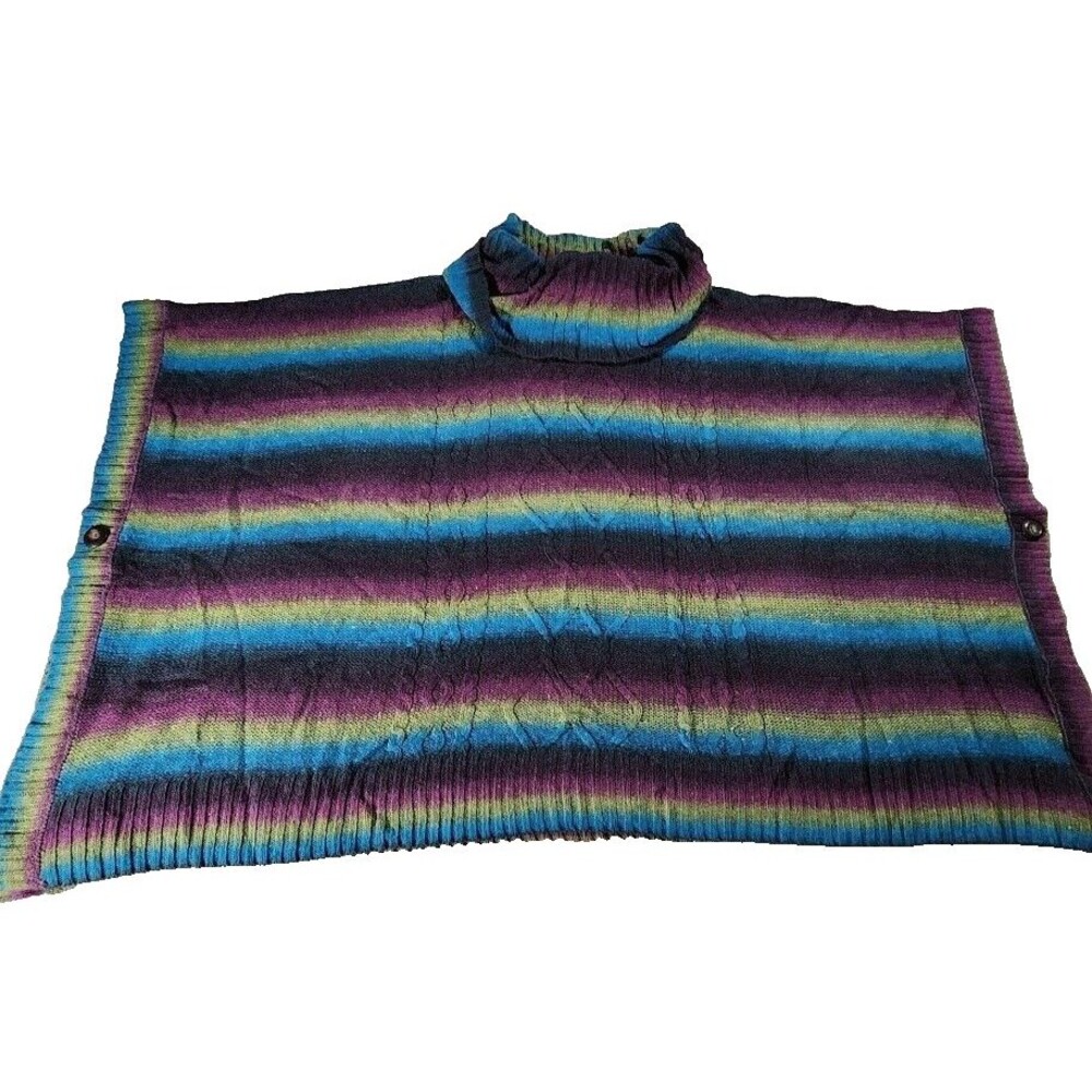 Cable & Gage Cape Poncho Sweater Size L/XL Turtleneck Blue/Purple/Green Stripes